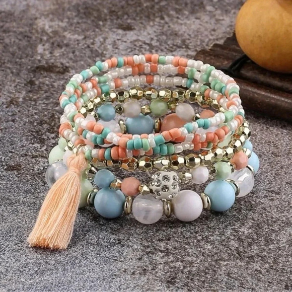6 piece Beaded Tassel Bohemian Bracelet Set - Picture 1 of 3